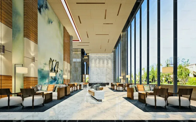 Bright community clubhouse lounge with seating and tall windows
